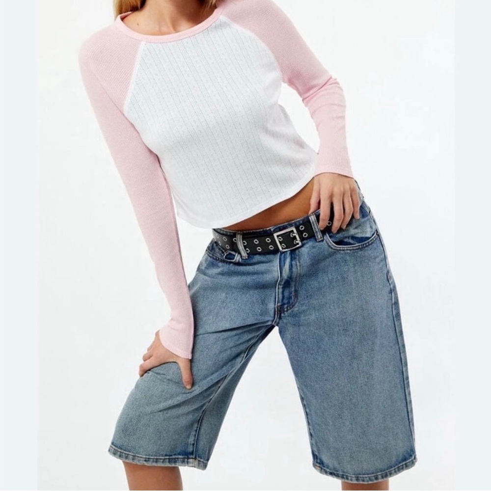 NWT Ladies Medium‎ PacSun Pink and White Long Sleeve Crop Top
